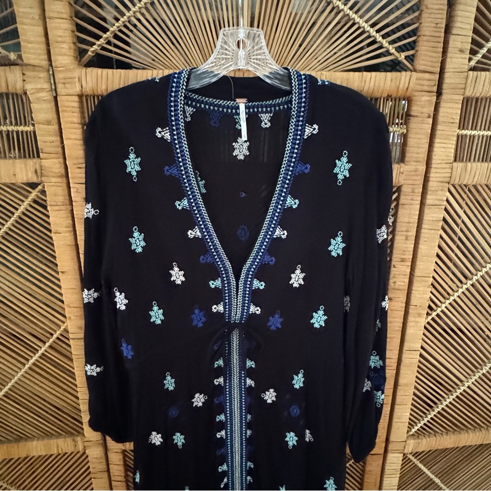 Free People Black & Blue Embroidered Mini Dress, L